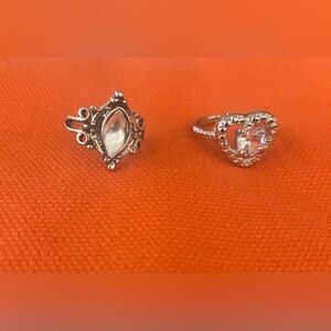 Elegant Silver Heart and Marquise Ring Set Sz 5 1/2 & 6